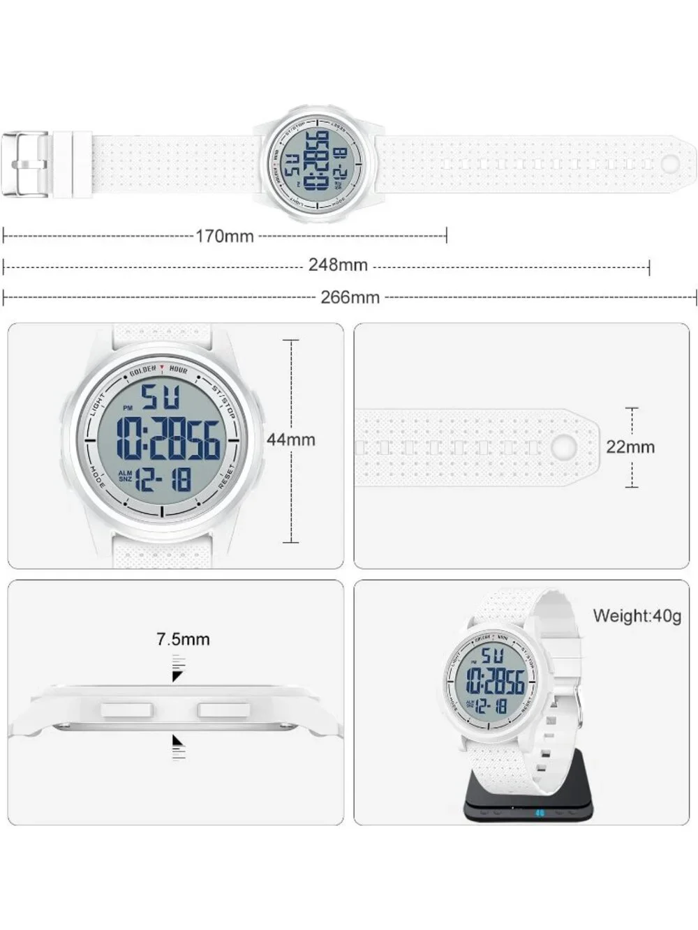 Men All White Rubber Strap Ultra-Thin Minimalist Sports Waterproof Digital Watch
